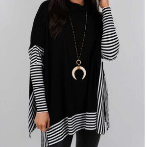 Blushing Brunette Oversized Black Tunic w/ Striped Detail | Size M (oversized!)